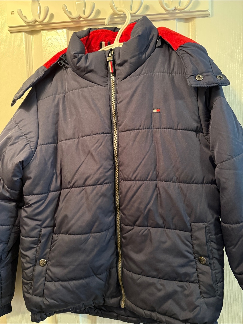 Tommy Hilfiger Kids Navy Puffer Jacket with Red Hood Lining